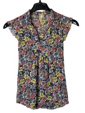 Daisy and Clover Floral Mesh Top S V Neck Flutter Sleeve Multicolor Y2K Vintage